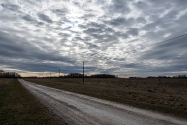 Geçen yılki sarı çimlerle tarlalar arasındaki köy yolu. Yol boyunca ahşap direklerde yerel bir elektrik hattı var. Güneşin içinden geçtiği güzel bir akşam bulutlu gökyüzü. Arkaplan.