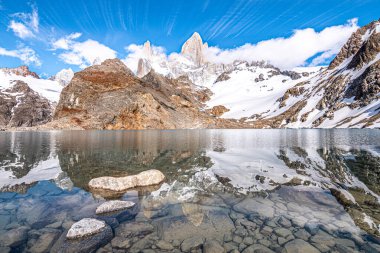 Laguna de Los Angeles 'ın panoramik görüntüsü. Arka planda Fitz Roy, Arjantin.