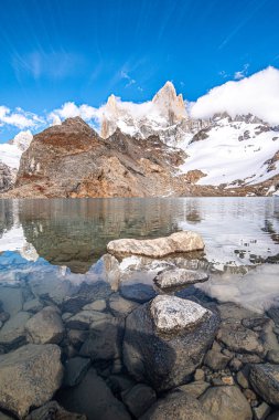 Laguna de Los Angeles 'ın panoramik görüntüsü. Arka planda Fitz Roy, Arjantin.