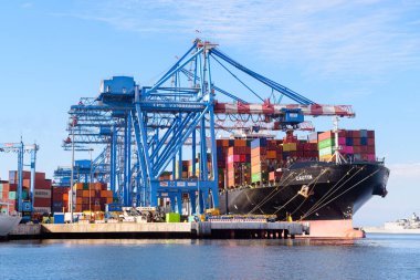 views of container ship at valparaiso harbor clipart