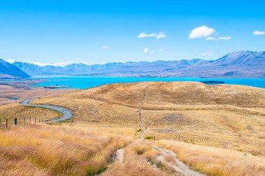 views of lake tekapo and surroundings, new zealand clipart