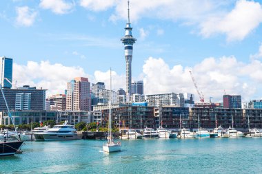 Auckland, Yeni Zelanda. 17 Şubat 2023: Arka planda Auckland limanı ve ufuk çizgisi manzarası