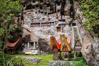 Lemo, Endonezya. 10 Nisan 2023: Montana Toraja, Endonezya 'daki lemo mezarlığı manzarası