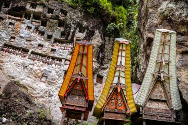 Lemo, Endonezya. 10 Nisan 2023: Montana Toraja, Endonezya 'daki lemo mezarlığı manzarası