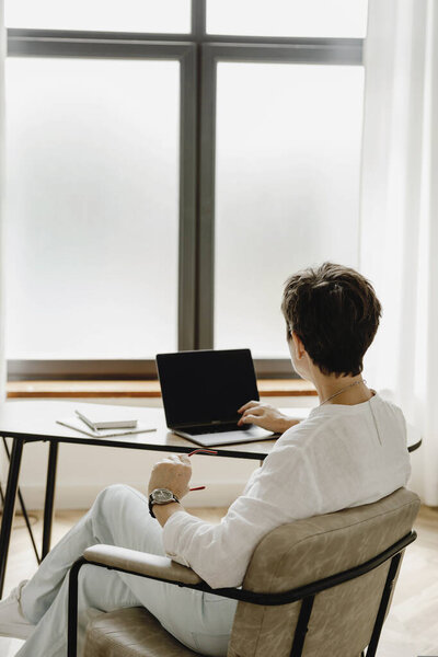 Back View Stylish Middle Aged Business Woman Using Laptop Sitting Stock Picture