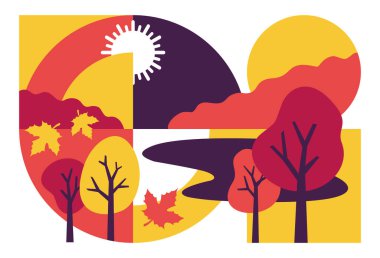 Ağaçların ve düşen yaprakların olduğu sonbahar sahnesi. Basit karikatür tarzında güzel soyut manzara