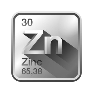 Çinko 3D metal simgesi - Zn kimyasal elementinin amblemi. Yiyecek, tıbbi bileşen ya da malzeme olarak. Vektör illüstrasyonu