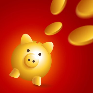 Bankacılık veya kredi şirketi için Piggy Bank afişi - kırmızı arka planda bulanık paralarla 3D karakter