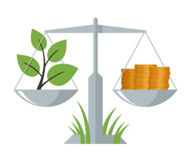 Yeşil ekonomi kavramı - ekoloji ve gelir arasındaki denge. İzole vektör illüstrasyonu