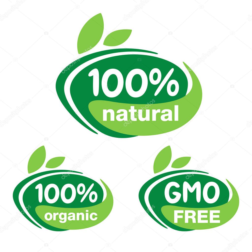 100 natural, organic and GMO free labels set - badge for hundred percent healthy food, vegetarian nutrition in leaf shape - vector sticker set
