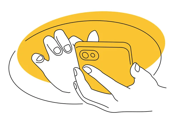 手タッチスクリーンでの電話 細い線で描かれた孤立したイラスト — ストックベクタ