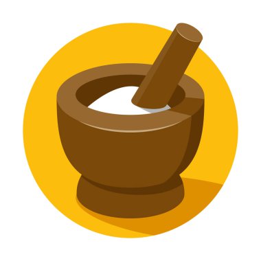 Havan ve tokmaklı un veya barut ikonu. Fırın, ilaç ya da kozmetik ürünleri etiketlemek için. İzole vektör etiketi.