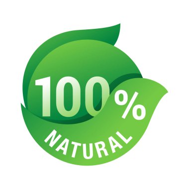 Yüzde yüz doğal, organik ürün 3 boyutlu rozet. Yüzde yüz sağlıklı gıda etiketi, yaprak şeklinde vejetaryen besin.