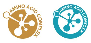 Amino asit kompleksi amblemi - organik bileşikler proteinleri oluşturur ve gıda endüstrisinde, baharatta, vücut geliştirmede, hayvan beslemede kullanılır. Vektör illüstrasyonu