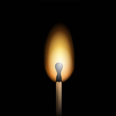 Burning match on black background - flaming matchstick. Vector realistic ollustration
