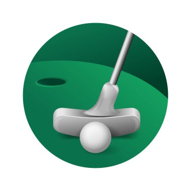 Golf sahası, delik ve ekipmanı olan 3D minigolf ikonu. Top ve sopa. Logo, eğitim veya rekabet için izole illüstrasyon