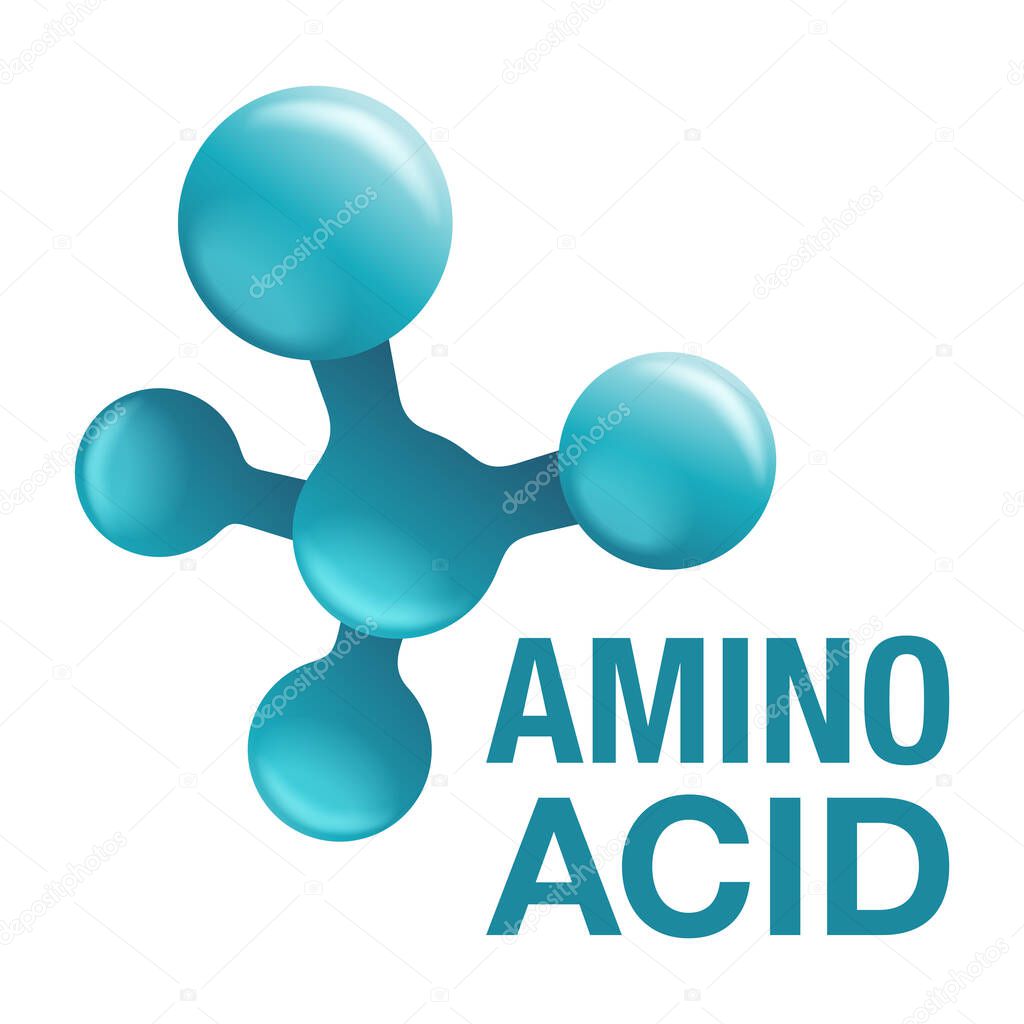 Amino acid 3D icon - organic compounds that make up proteins and used in food industry, condiment, bodybuilding supplement. Vector emblem