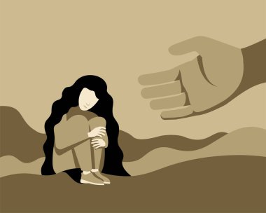 Endişe. Depresyondaki genç kız. Kafa karışıklığı var. Yorgun kadın akıl hastalığından muzdarip. Vektör illüstrasyonu