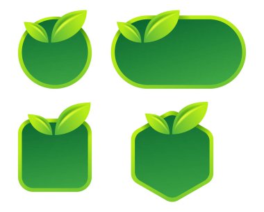 Sıfır atık, doğal, organik ürünler dekorasyonu için farklı şekillerde çevre dostu yeşil eğimli rozetler.