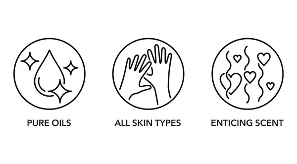 Symbole Für Massageöl Reinheit Für Alle Hauttypen Und Verführerischer Duft — Stockvektor