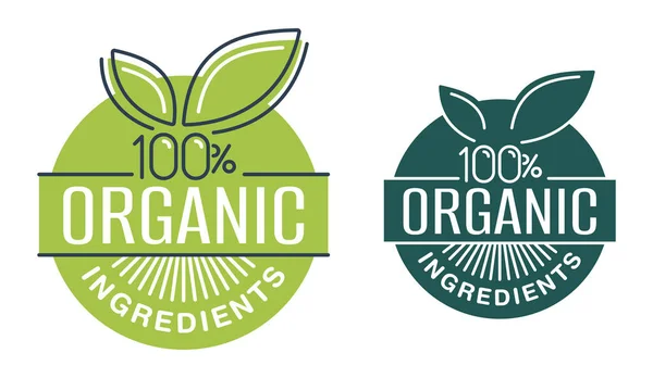 100 Percent Organic Ingredients Badge Circular Shape Healthy Natural Food — Stock Vector