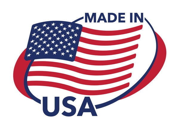 Made in USA sticker for products labeling - pointing to country of origin. Badge with Amerian flag