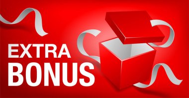 Ekstra bonus: Özel indirim ve bonus programı için kırmızı pankart - açık hediye kutusu. Vektör şablonu