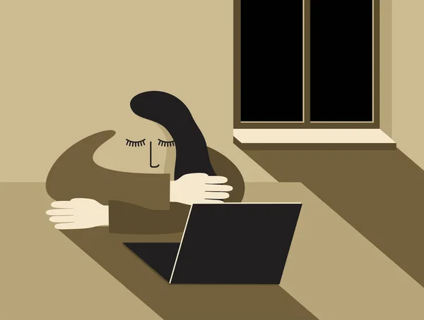 Zmęczona Kobieta Śpiąca Laptopie Zamiast Pracy Powodu Stresu Lub Wypalenia — Wektor stockowy