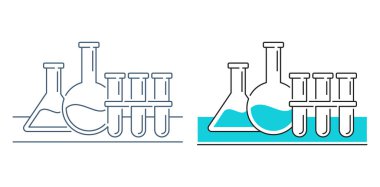 Laboratuvar testleri ve araştırma ekipmanları çizimi ince çizgide