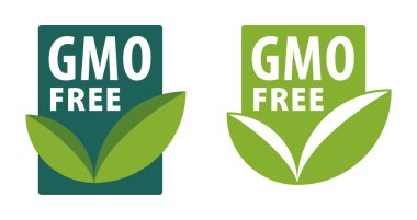 GMO free - green eco-friendly square label with leaf and text, for genetically unmodified products clipart