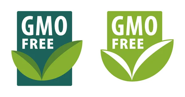 Gmo自由绿色环保正方形标签 带有叶子和文字 用于转基因产品 — 图库矢量图片