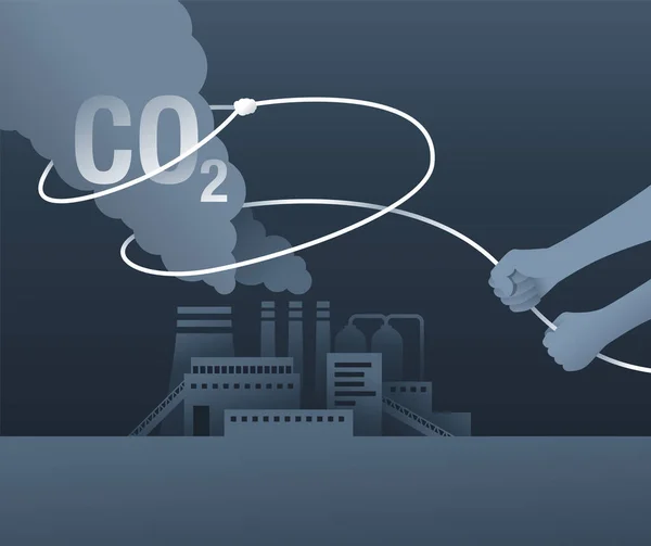 Co2排出量削減技術 純Co2排出量削減戦略 メタファーでベクトルイラスト 有害な煙のラストキャッチ — ストックベクタ
