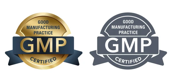 Emblema Dourado Plano Certificado Gmp Boas Práticas Fabricação Conformidade Com — Vetor de Stock