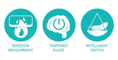 Özelliklerin ağırlık ölçekleme simgeleri - hassas ölçüm, sertleştirilmiş cam ve akıllı anahtar.