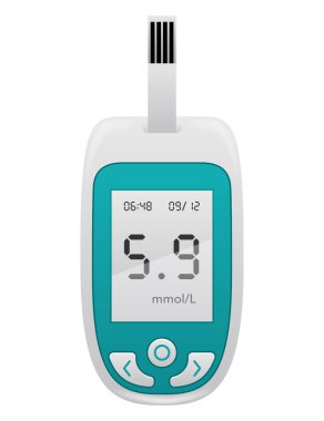 Glukometre, kan şekeri izleme cihazı. Diyabet testi, tıbbi gerçekçi izole illüstrasyon.