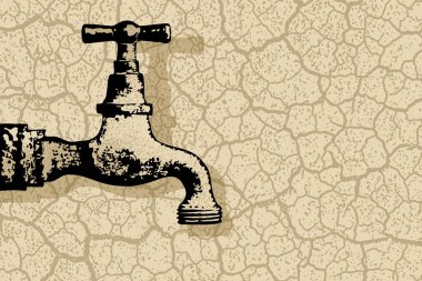 Kuraklık ve iklim değişikliği. Paslı ve işe yaramaz musluklarla çatlamış ve yanmış toprak.