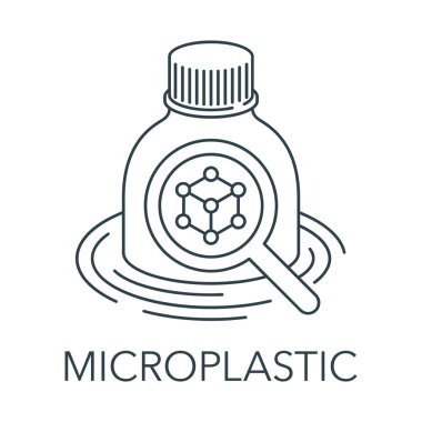 Mikro plastik ikon - okyanusta küçük plastik parçacıklarıyla boğulan içecek şişesi