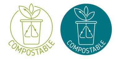 Gübrelenebilir içecek bardağı. Kullanılmış kağıt tabaklar için ince sırada dairesel bir etiket.