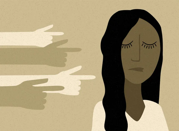 Sosyal zorbalığın kurbanı. İşaret parmakları üzgün depresif kadını işaret ediyor. Utanç duyuyor, suçlu. Toplum mahkumiyeti, kınama, suçlama, suçlama kavramı