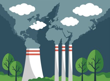 CO2 emisyonları iklim değişikliğine neden olur - karbondioksit hava kirliliğinin ayak izi endüstride. Tüten boruları olan fabrika bacası.