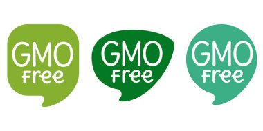 GMO free round green label in different pin shapes, for genetically unmodified products clipart
