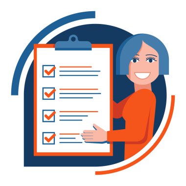 Kontrol listesi simgesi - tamamlanmış büyük bir listeye gösterilen sevimli kadın karakter - test, anket, planlama ve büyük kalem - izole edilmiş vektör çizimi. Vektör illüstrasyonu