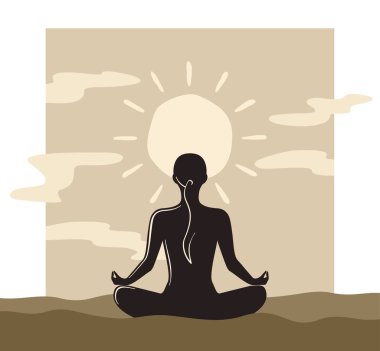 Lotus pozisyonunda meditasyon yapan ve güneşe bakan bir kadın. Rahatlama ve sağlıklı yaşam tarzı konsepti