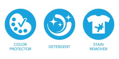Laundry liquid flat blue icons set - Color Protection, Stain Remover, Detergent clipart