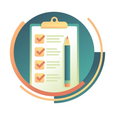 Kalem ikonlu kağıt kontrol listesi. Ticari görevlerin ve hedeflerin başarıyla oluşturulması. Renk vektörü resim grafiği