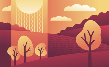 Basit çizgi film gradyanı tarzında güzel soyut bir manzara. Tarlaları, ağaçları ve güneşli, bulutlu gökyüzü olan kırsal alan manzarası.