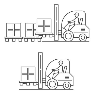 Forklift depo palet yükleyicisi - yük rafı paketleme makinası silueti ve sürücü - vektör kamyon çizimi ince çizgi