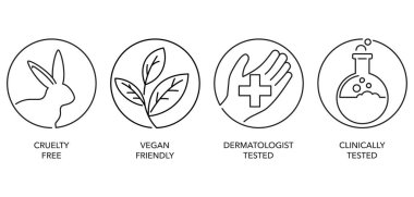 İnce çizgideki ürünlerin işaretlenmesi için gerekli resimler - Vegan Dostane, Klinik Testli, Acımasız ve Dermatolog