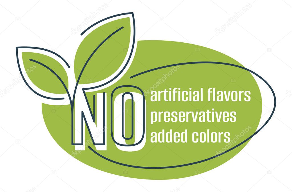 No preservatives, artificial flavors and no added colors. Sticker for labeling of organic healthy food products.
