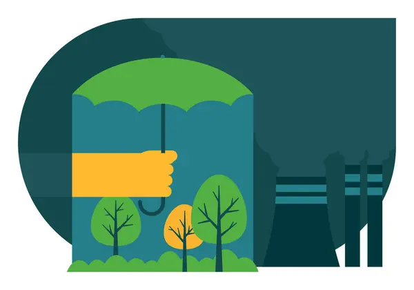 Mitigation Climate Change Concept Hand Holding Umbrella Trees Protected Pollution — Stock Vector